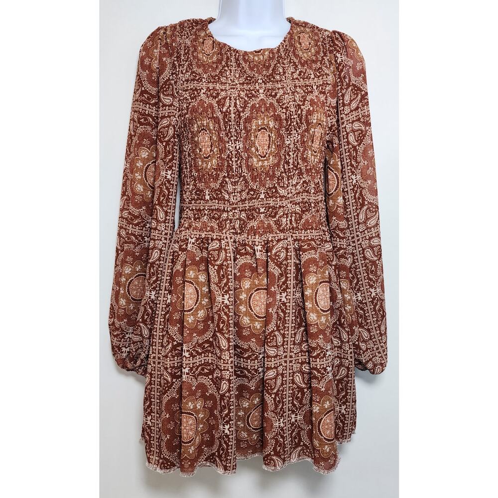BOHME Boho Y2K Festival Paisley Peasant Smocked Mini Dress M‎